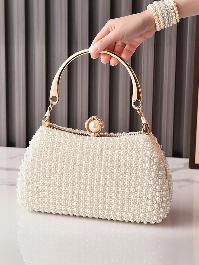 afnuhe1760002507859 Women's Pearl Beaded Evening Clutch Bag with Gold Handle, - Image 1