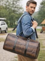 Men's Crocodile Pattern Faux Leather Weekender Bag with - Image 2