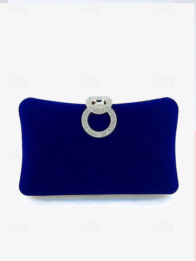 qiespp1728388076659 Women's Elegant Blue Velvet Clutch Bag with Rhinestone Ring - Image 1