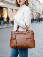 Women's Large Faux Leather Shoulder Tote Bag with Multiple - Image 2