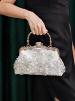 Elegant White Lace Evening Handbag with Pearl and Floral